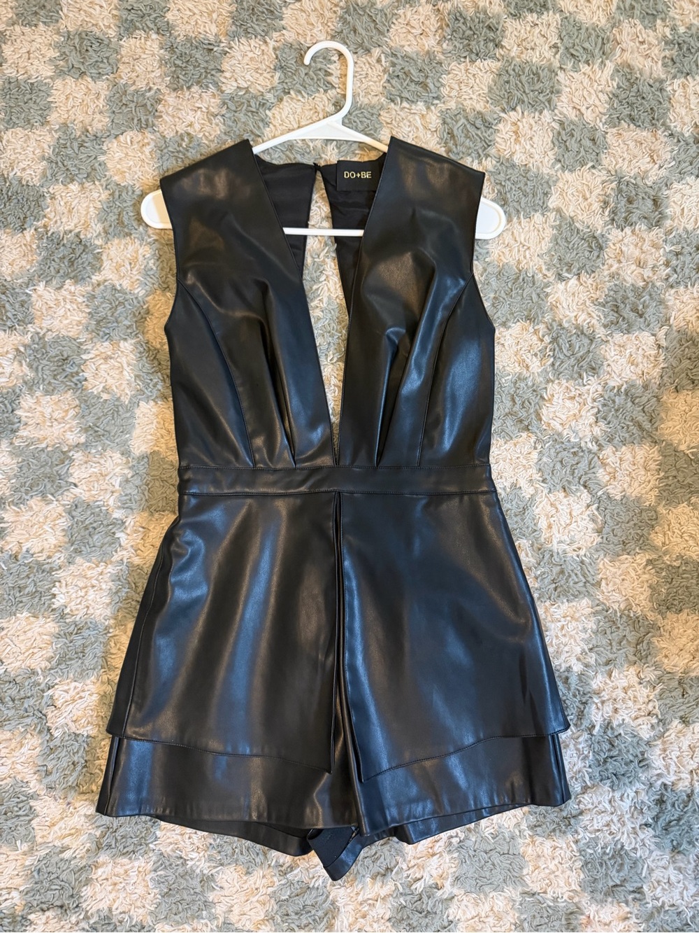 DO+BE Black Faux Leather Plunge Romper worm once!